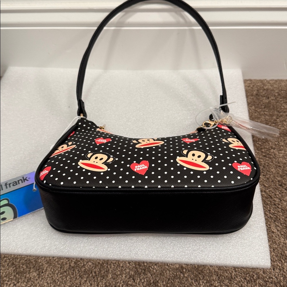 Paul Frank Black Polka Dot Julius Shoulder Bag with Red Hearts NWT bag charm - Picture 6 of 6